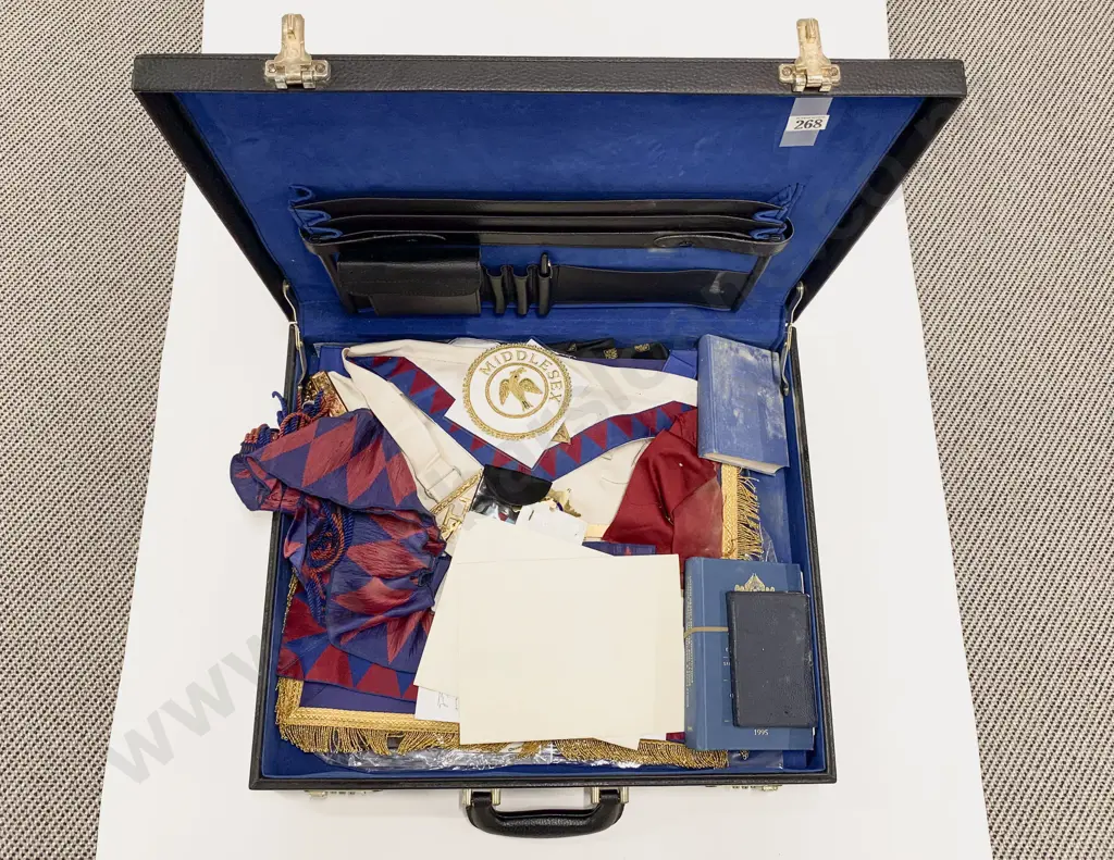 Brief Case Masonic Regalia Two Aprons Two Sash with adornments three medals and assorted Image 1++