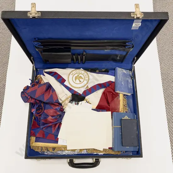 Brief Case Masonic Regalia Two Aprons Two Sash with adornments three medals and assorted