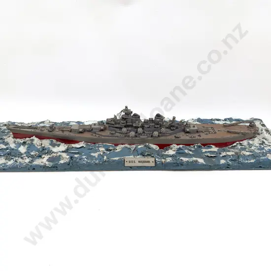 Model of Battle Ship USS Missouri plastic constructed on plaster platform 61cm length
