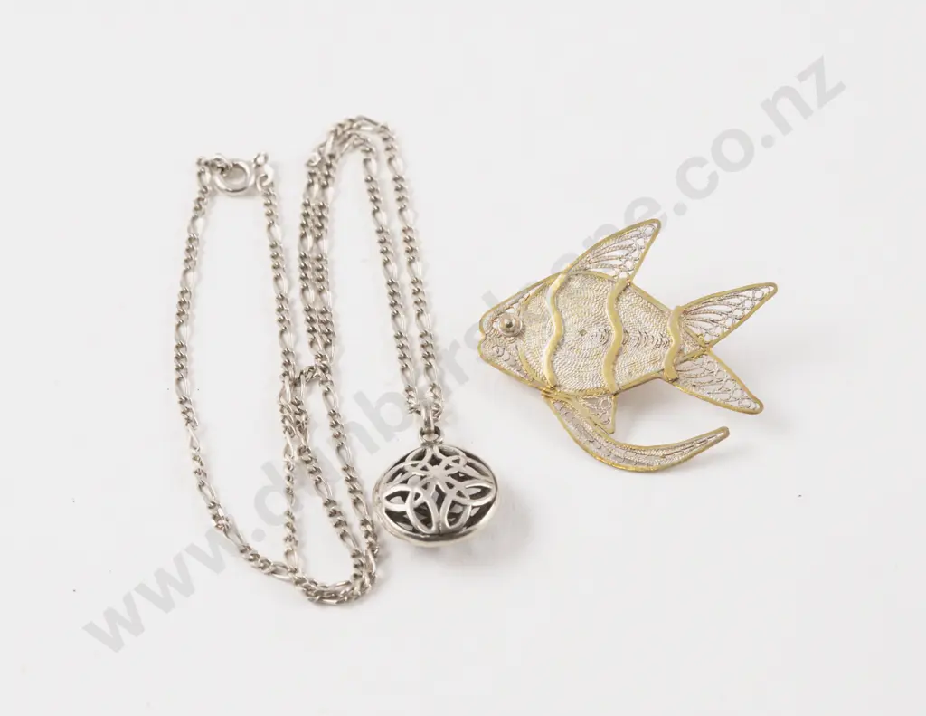 S/S Pendant on Neck Chain and Filigree Fish Brooch Image 1++