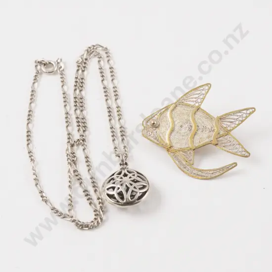 S/S Pendant on Neck Chain and Filigree Fish Brooch