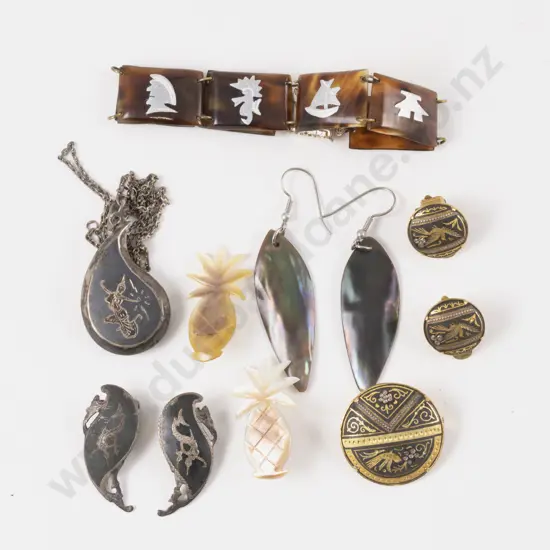 Vintage Damascene Brooch and Clip On Earrings Thai Silver and Others