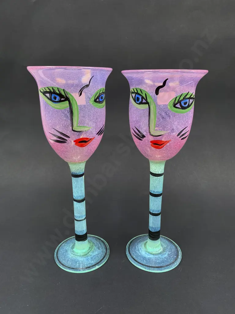 Pair of Kosta Boda c1990's Ulrica Hydman-Vallien "Open Minds" Signed Art Glass Goblets Image 1++