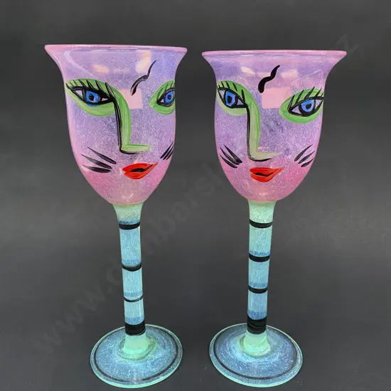 Pair of Kosta Boda c1990's Ulrica Hydman-Vallien "Open Minds" Signed Art Glass Goblets
