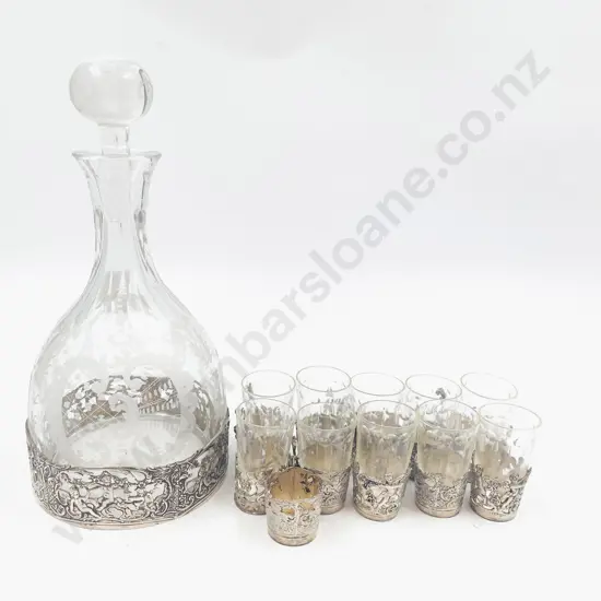 Glass Decanter with Silver Holders & Assorted Matching Liquor Glasses