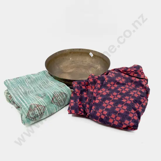 Antique Brass Bowl & Assorted Fabrics