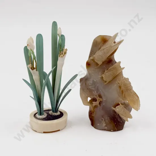 Antique Ivory Flower Arrangement & Hardstone Cicada Carving