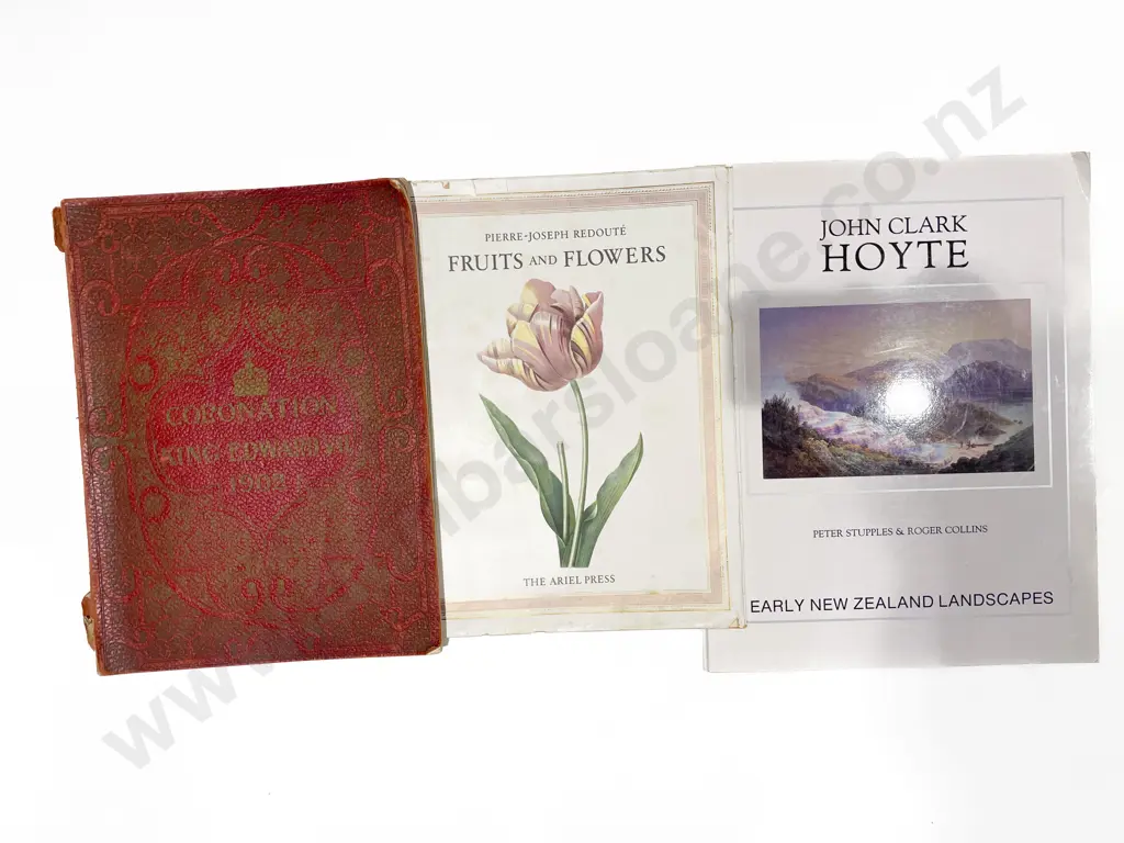 Box of Assorted Books Including "King Edward VII Coronation Record" & Folder of Floral Prints Image 1++