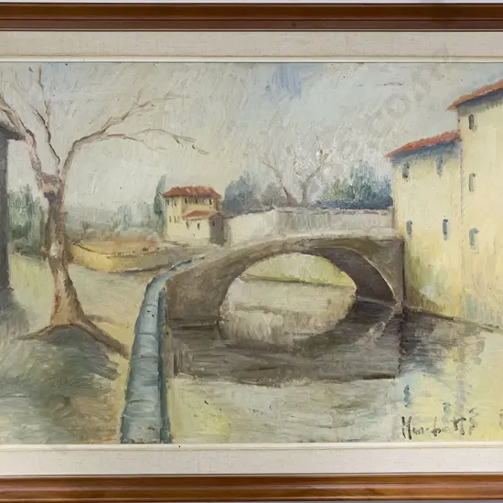 Indistinctly Signed - European Canal Scene - Oil on Board