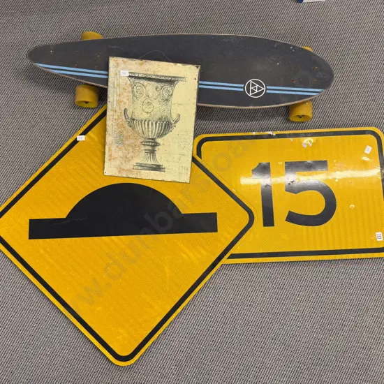 Long Board with Two Road Signs & Other