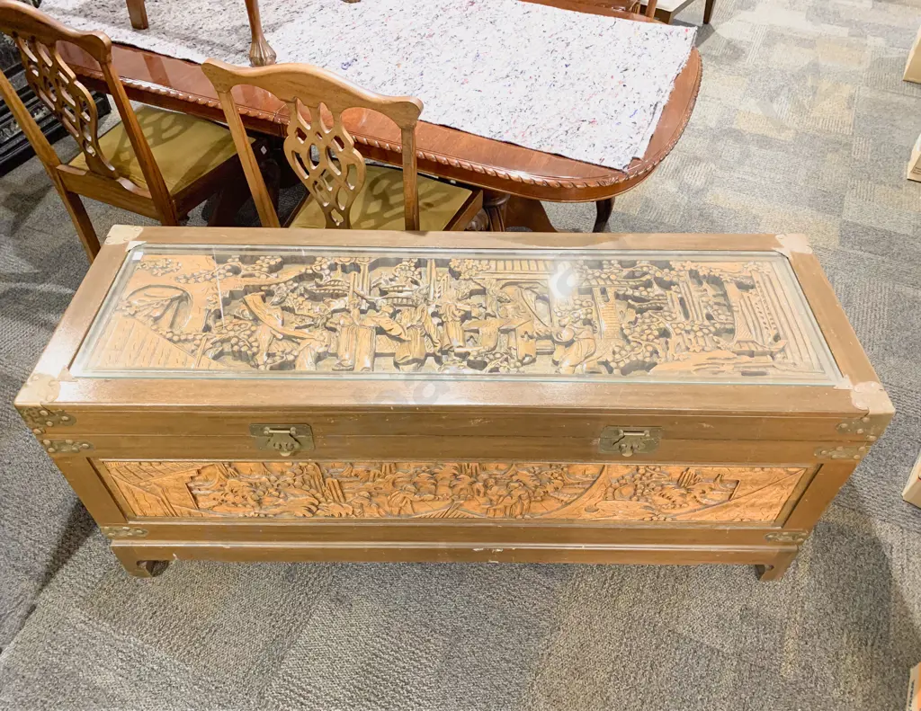 Large Rectangular Mahogany & Carved Camphor Wood Chest Image 1++