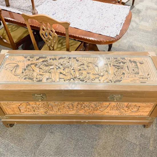 Large Rectangular Mahogany & Carved Camphor Wood Chest