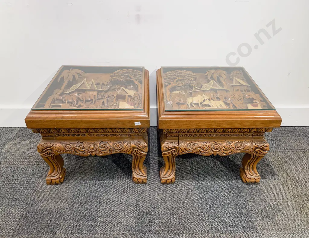 Pair of Chinese Glass Top Coffee Tables with Carved Camphor Wood Display Image 1++