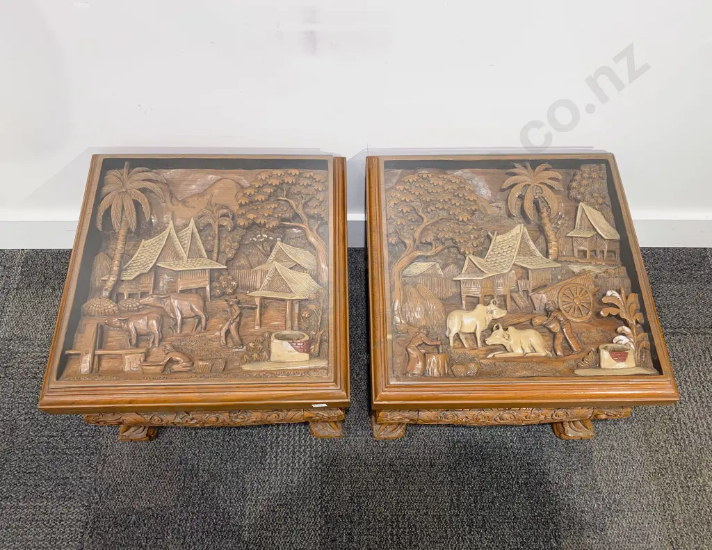 Pair of Chinese Glass Top Coffee Tables with Carved Camphor Wood Display Image 1++