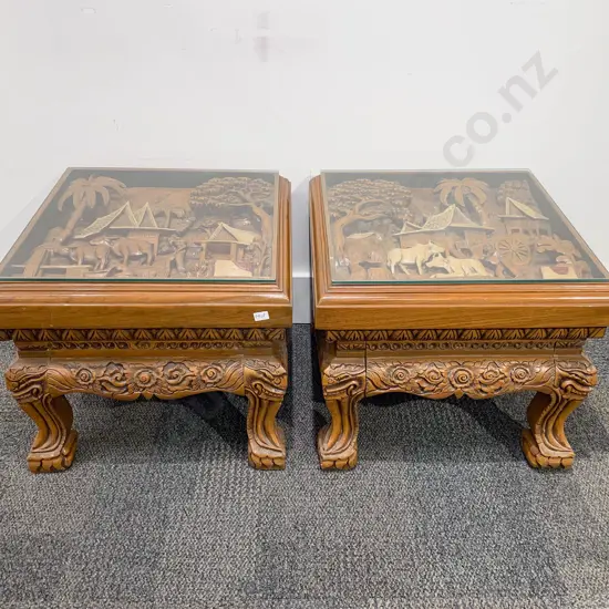 Pair of Chinese Glass Top Coffee Tables with Carved Camphor Wood Display