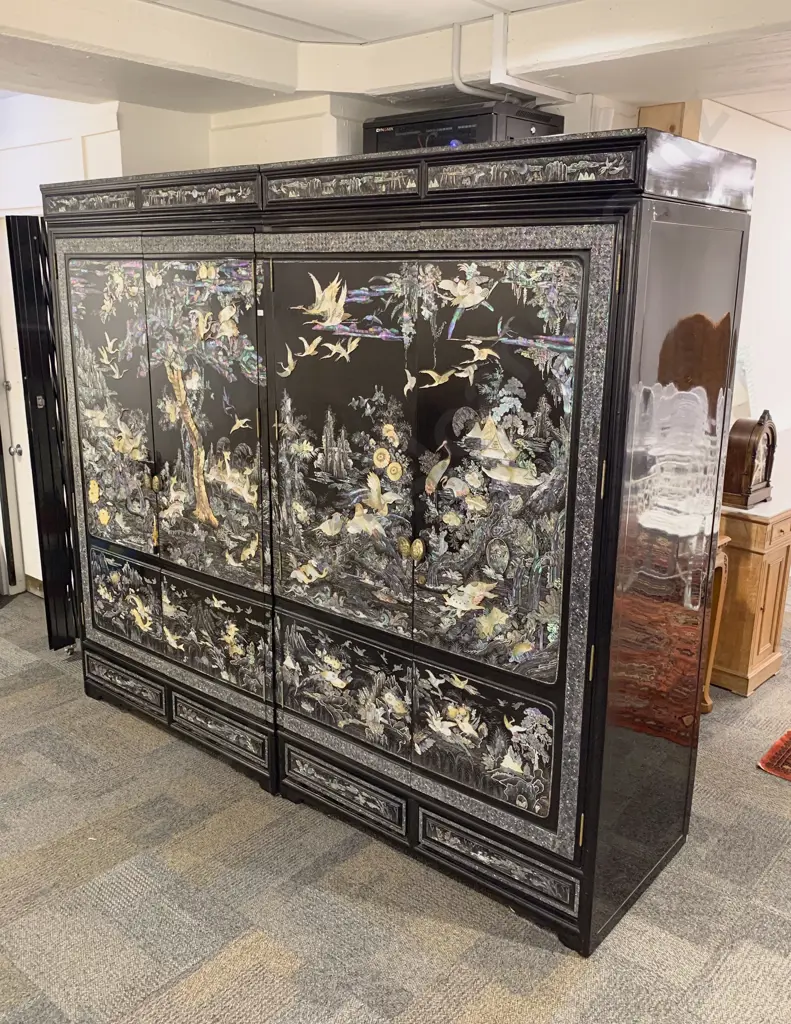 Large Chinese Two Part Four Door Black Lacquered & Mother of Peal Decorated Wardrobe Image 1++