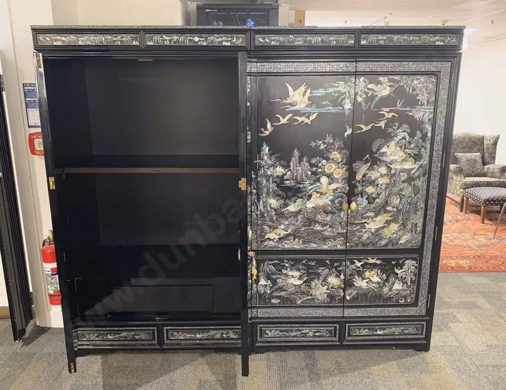 Large Chinese Two Part Four Door Black Lacquered & Mother of Peal Decorated Wardrobe Image 1++