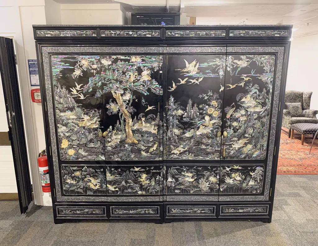 Large Chinese Two Part Four Door Black Lacquered & Mother of Peal Decorated Wardrobe Image 1++