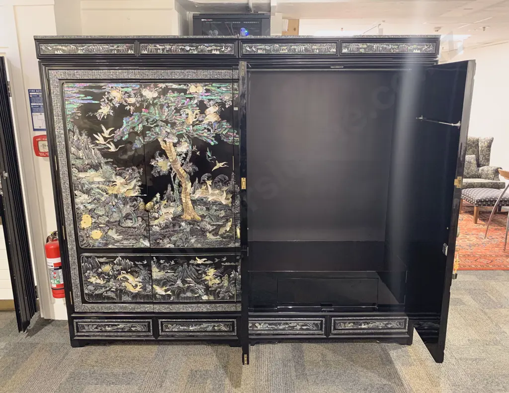 Large Chinese Two Part Four Door Black Lacquered & Mother of Peal Decorated Wardrobe Image 1++