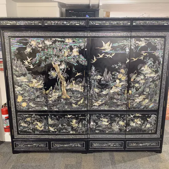 Large Chinese Two Part Four Door Black Lacquered & Mother of Peal Decorated Wardrobe