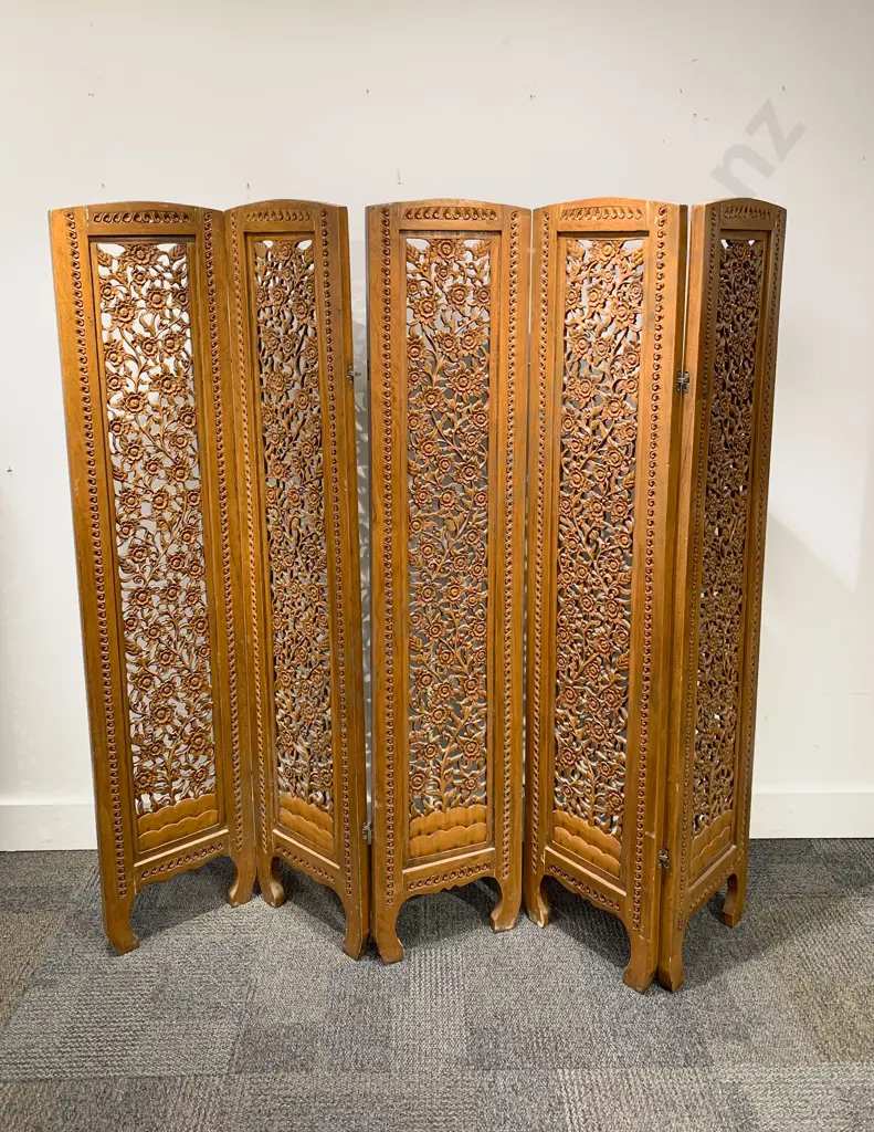 Carved Teak Five Panel Screen Image 1++