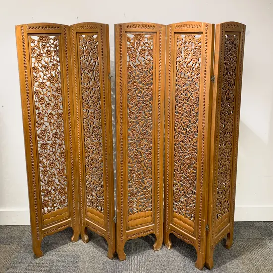 Carved Teak Five Panel Screen