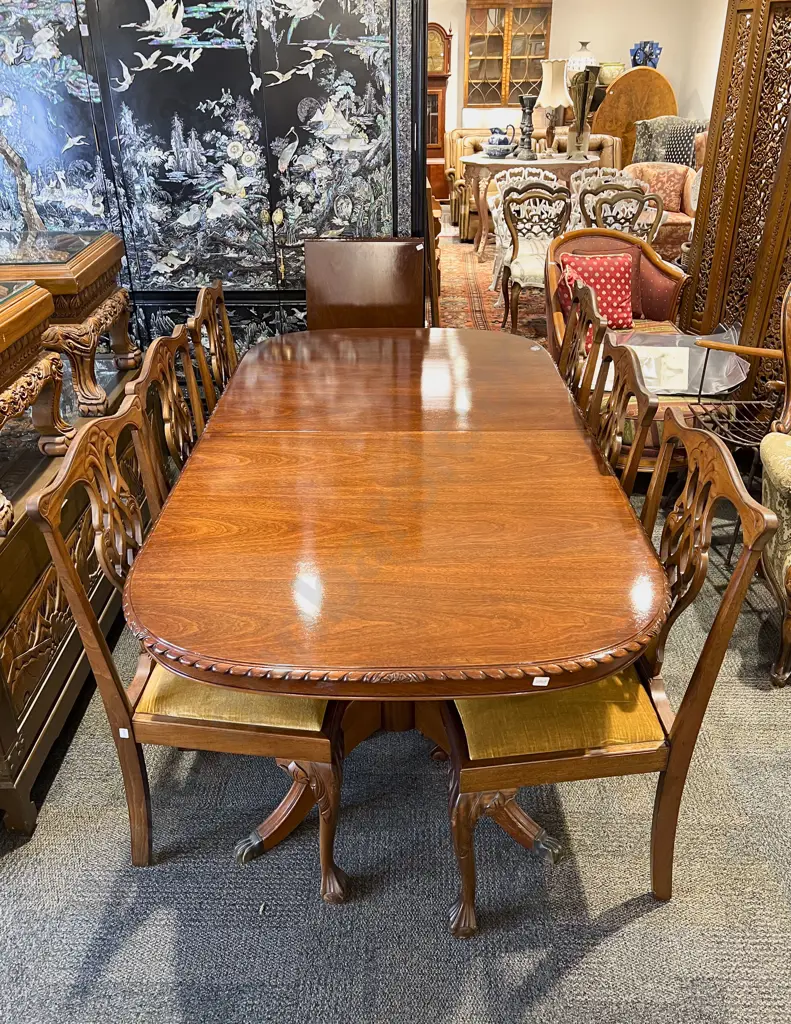 Reproduction Mahogany Dining Table with Eight Chippendale Style Chairs Image 1++