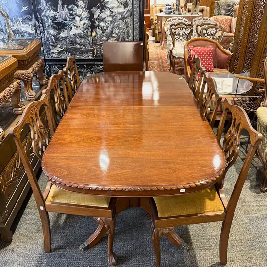 Reproduction Mahogany Dining Table with Eight Chippendale Style Chairs