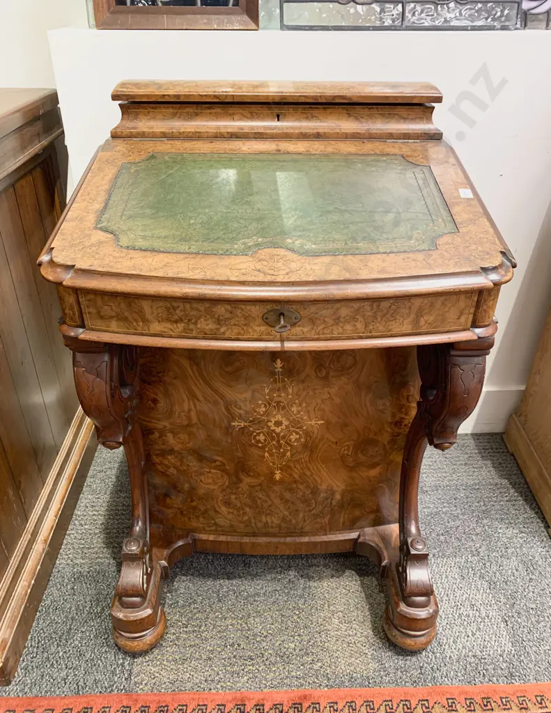 An Attractive Victorian Burr Walnut & Marquetry Davenport Image 1++
