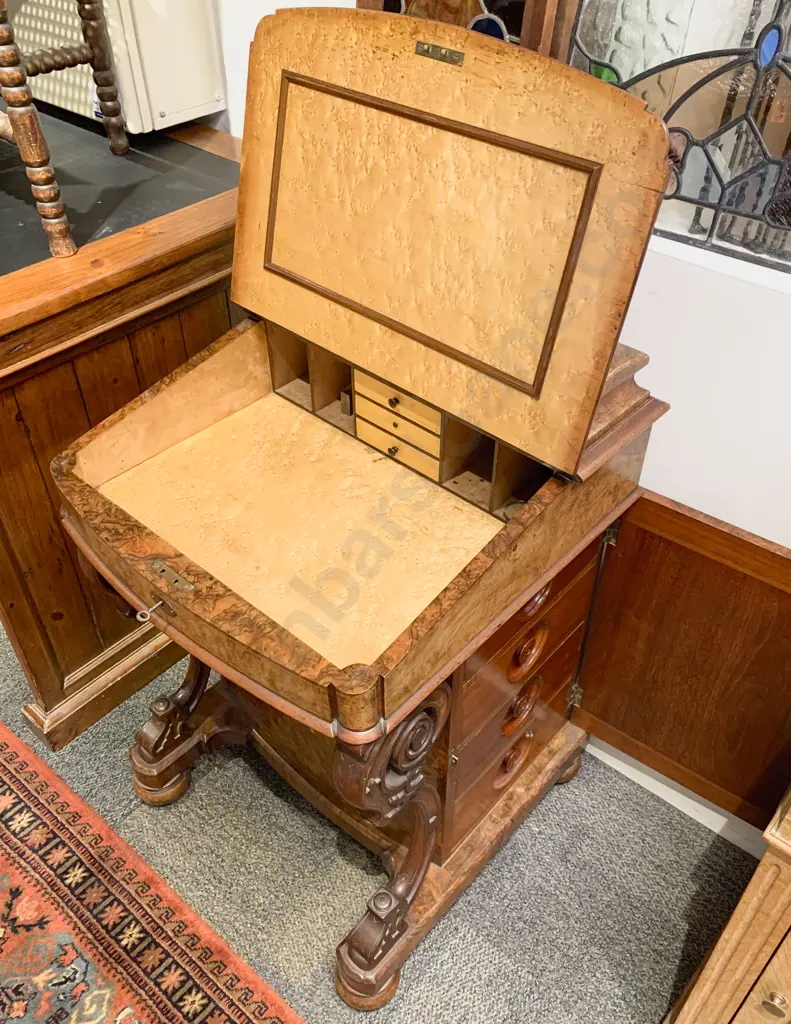 An Attractive Victorian Burr Walnut & Marquetry Davenport Image 1++