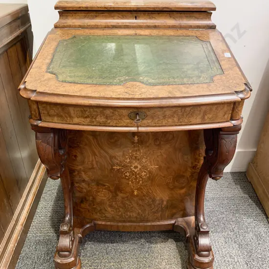 An Attractive Victorian Burr Walnut & Marquetry Davenport