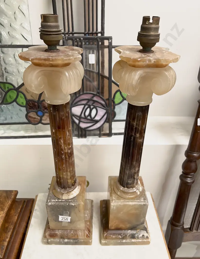 Pair of Grand Tour Style Vintage Alabaster Column Table Lamps Image 1++