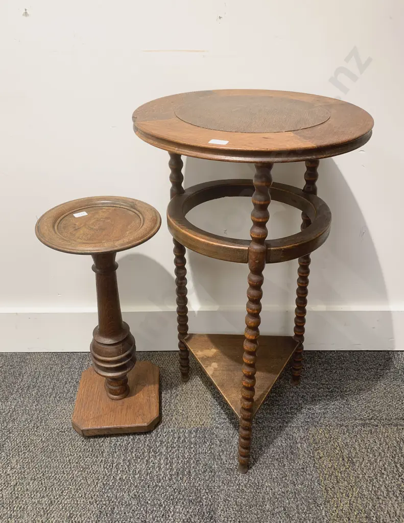 Circular Side Table with Bobbin turned Legs together with Small Oak Plant Stand Image 1++