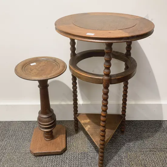 Circular Side Table with Bobbin turned Legs together with Small Oak Plant Stand