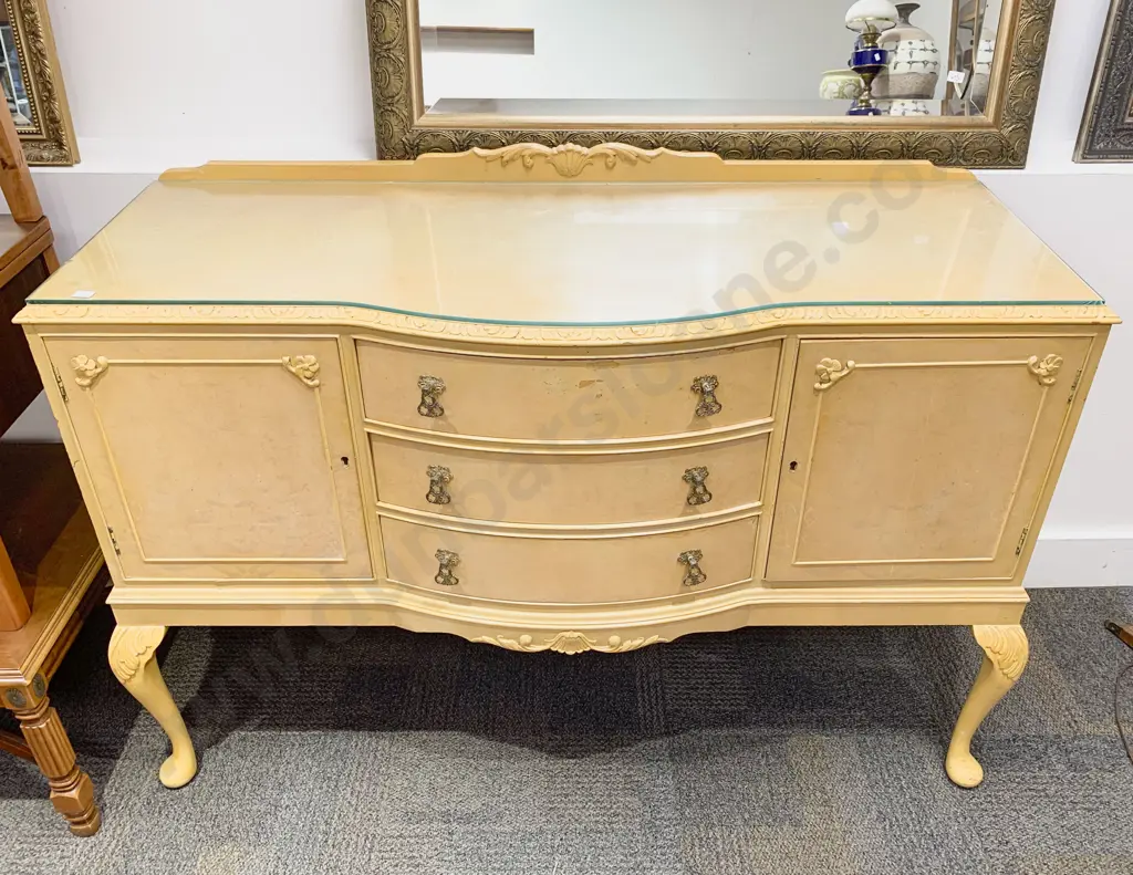 Painted Bow Front Sideboard with Glass Top Image 1++