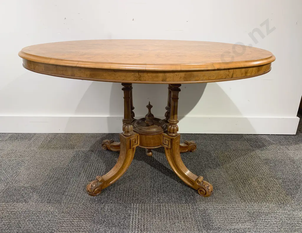 Victorian Burr Walnut & Marquetry Oval Loo Table Image 1++