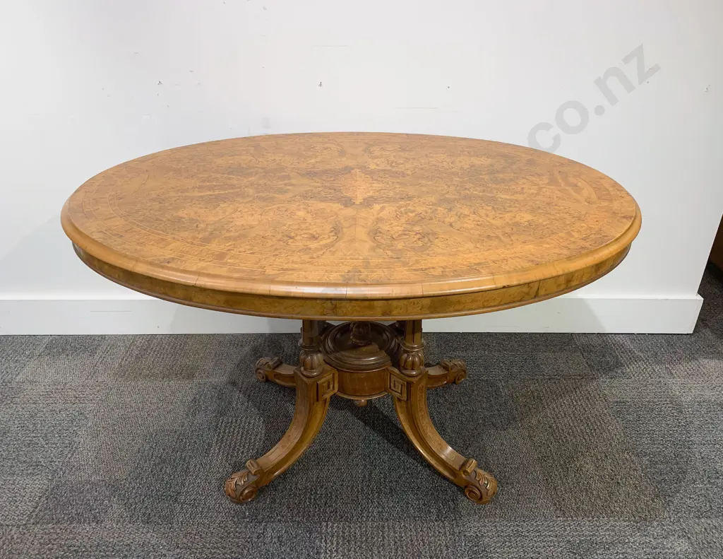 Victorian Burr Walnut & Marquetry Oval Loo Table Image 1++