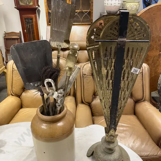 Brass Fan Fire Screen (faults) with Assorted Fire Tidy Implements in Stoneware Crock