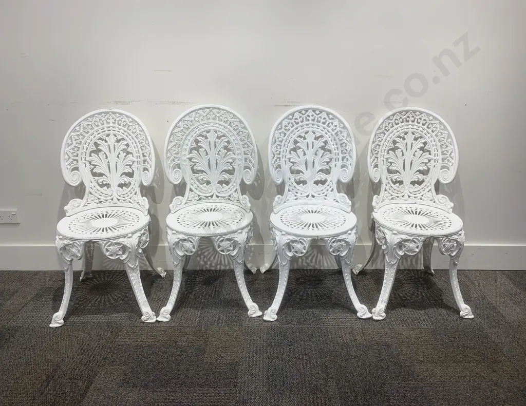 Set of Four White Painted Cast Metal Outdoor Chairs Image 1++
