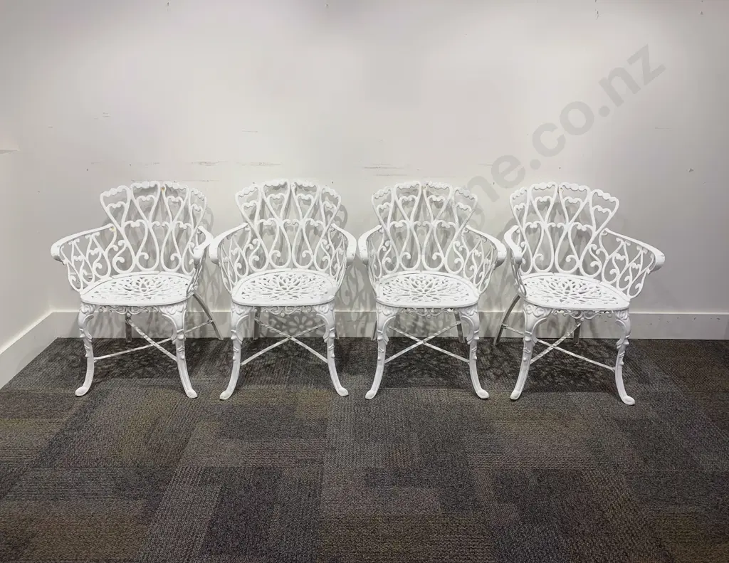 Set of Four White Painted Cast Metal Outdoor Armchairs Image 1++