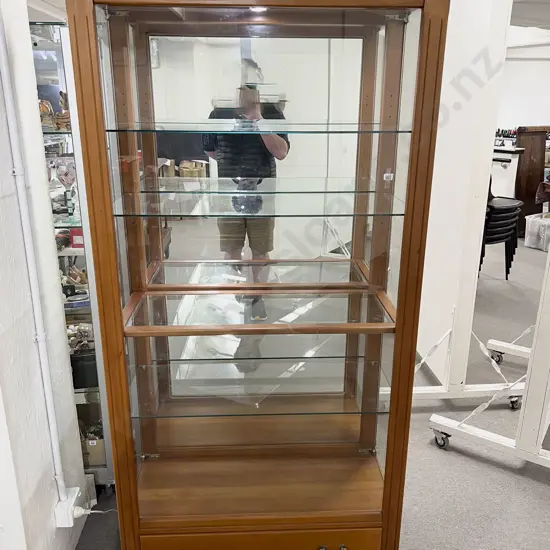 Modern Wood Framed Glazed Display Cabinet Glass Shelves with Lights - side open doors on drawer base