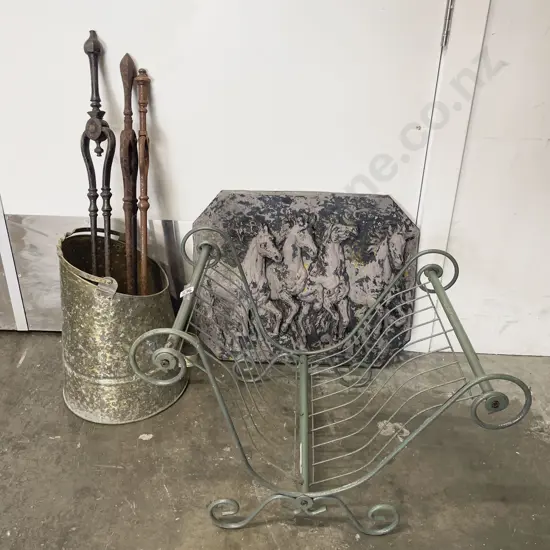 Coal Bin with Assorted Fire Tongs etc