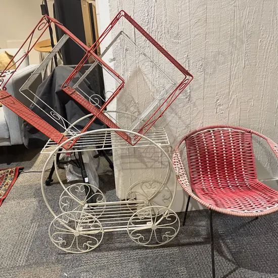 Small qty of Wire Shelves with Small Trolley and Chair