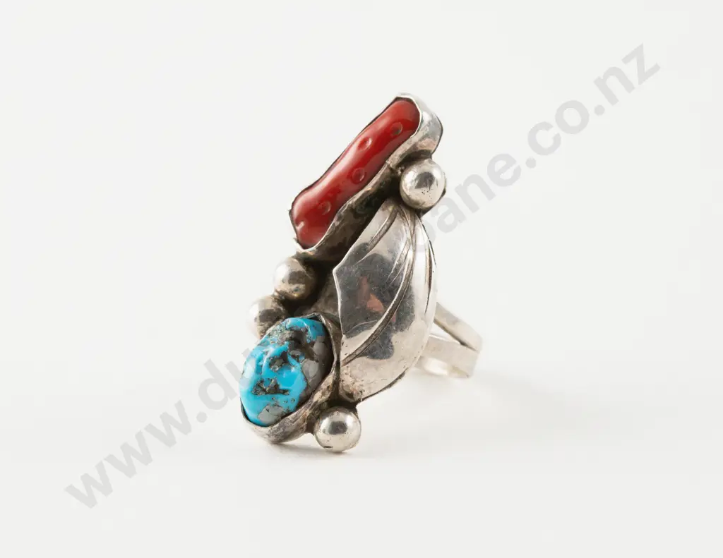 NZ Jeweller Jenny Patrick Turquoise and Coral Dress Ring Image 1++