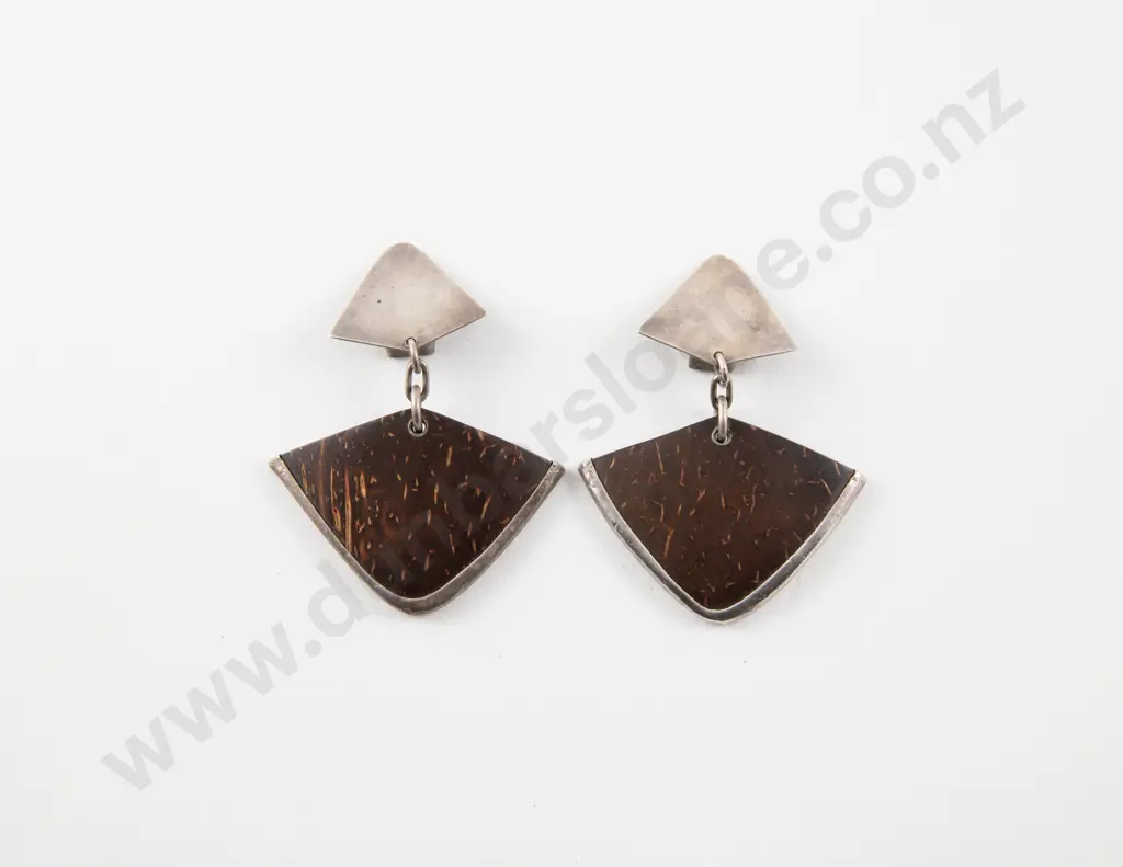 NZ Jeweller Alan Preston S/S and Coconut Shell Pendant Drop Earrings Image 1++