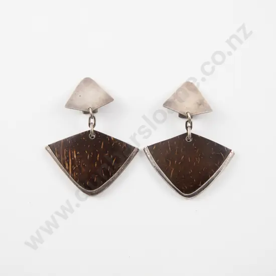 NZ Jeweller Alan Preston S/S and Coconut Shell Pendant Drop Earrings