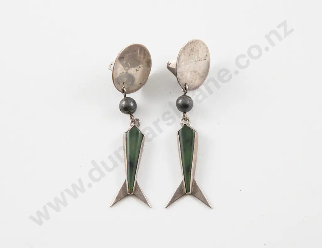 NZ Jeweller Alan Preston S/S and Greenstone Pendant Drop Earrings Image 1++