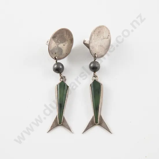 NZ Jeweller Alan Preston S/S and Greenstone Pendant Drop Earrings
