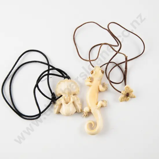 Unknown NZ Jeweller Carved Bone Orchid and Gecko Pendants