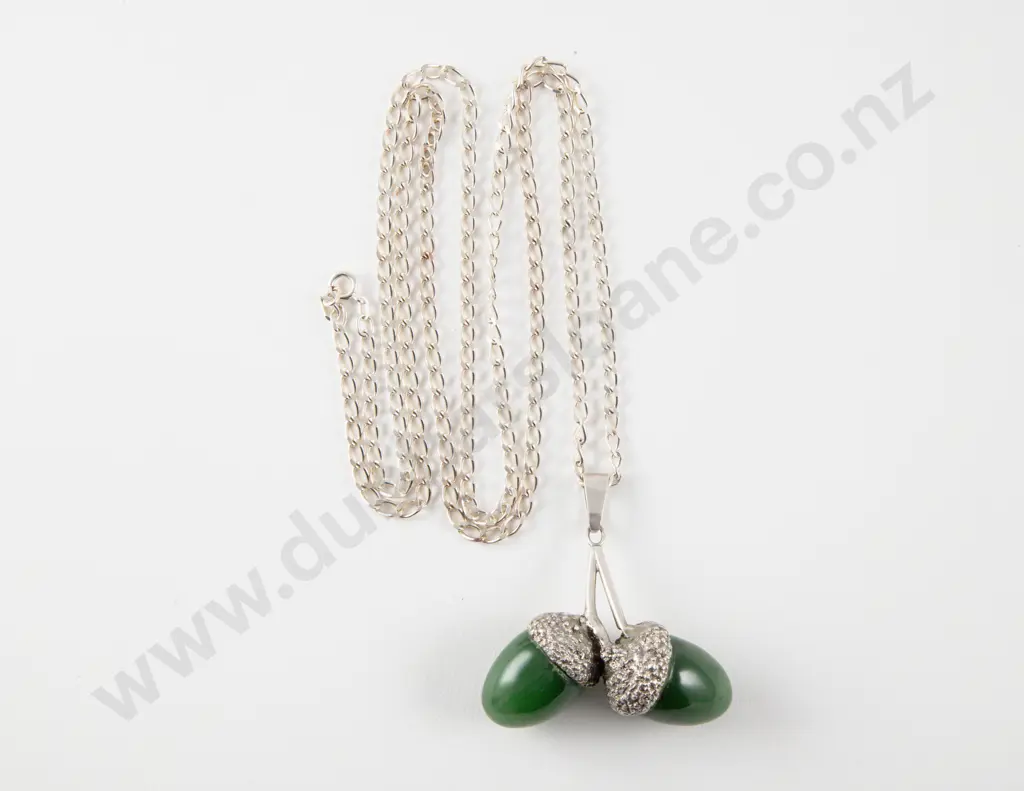 Unknown NZ Jeweller S/S and Greenstone Acorn Pendant Image 1++